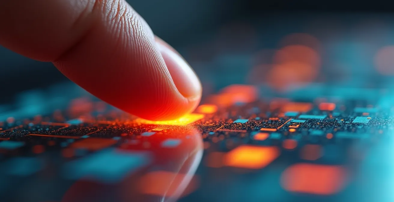 Dettaglio macro di dito che sfiora superficie touch con pattern di calore