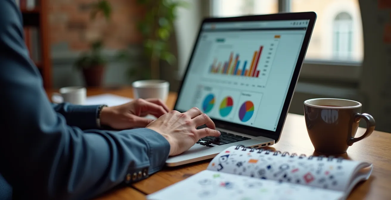 Vista dall'alto di un laptop con grafici di analytics e una tazza di caffè italiano su una scrivania da ufficio.