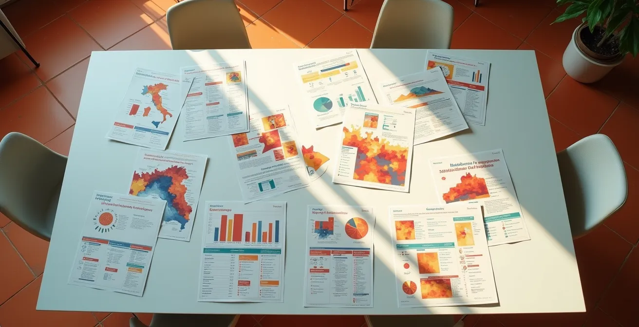 Vista dall'alto di tavolo con calendari italiani e grafici vendite stagionali colorati