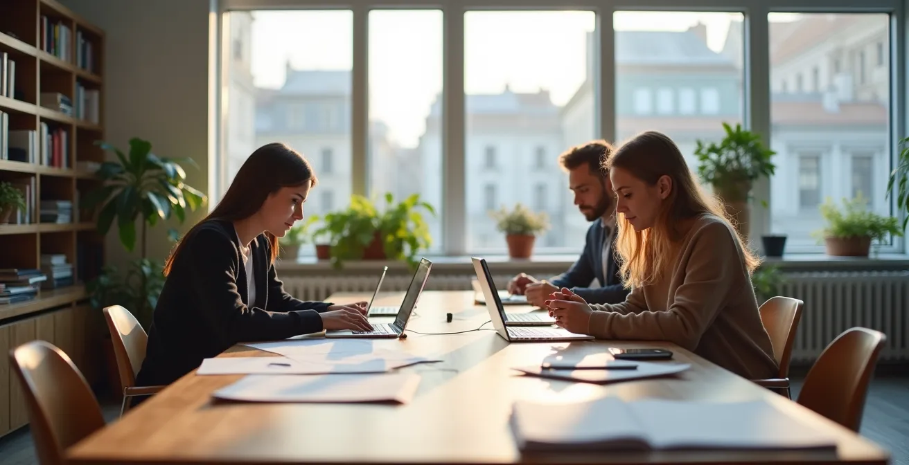 Professionisti che consultano guide e risorse educative invece di materiale promozionale