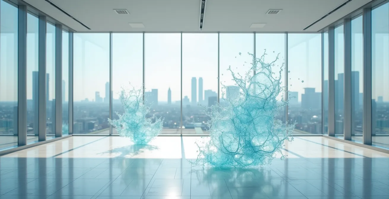 Rappresentazione astratta di onde sonore e particelle luminose che simboleggiano l'interazione con un assistente AI avanzato