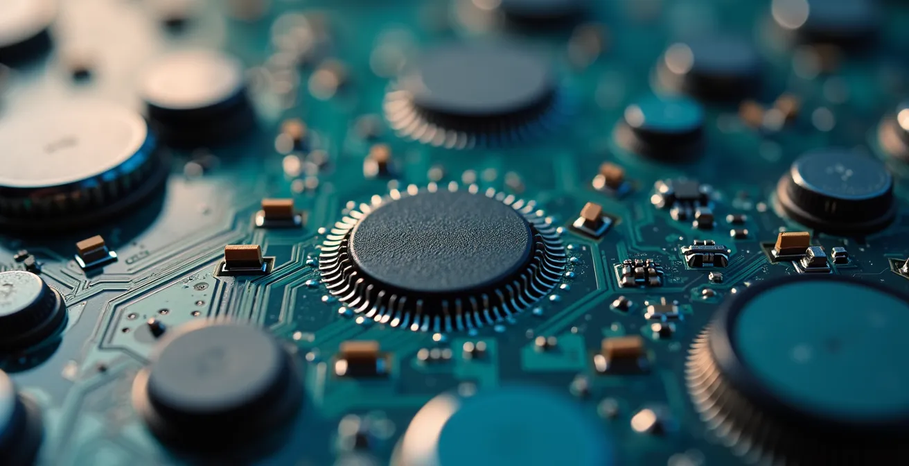 Vista macro di componenti tecnologici interconnessi