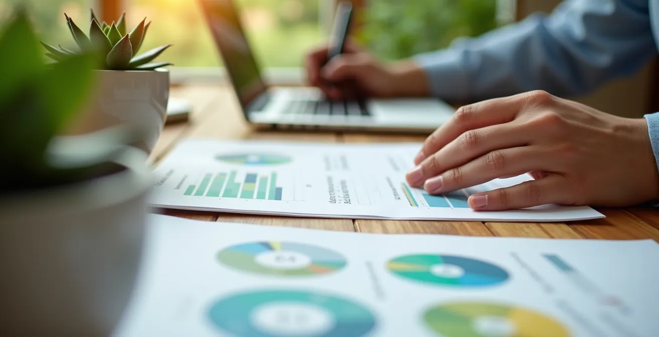 Primo piano di mani che sfogliano un report con grafici colorati, piante verdi e calcolatrice sul tavolo di legno