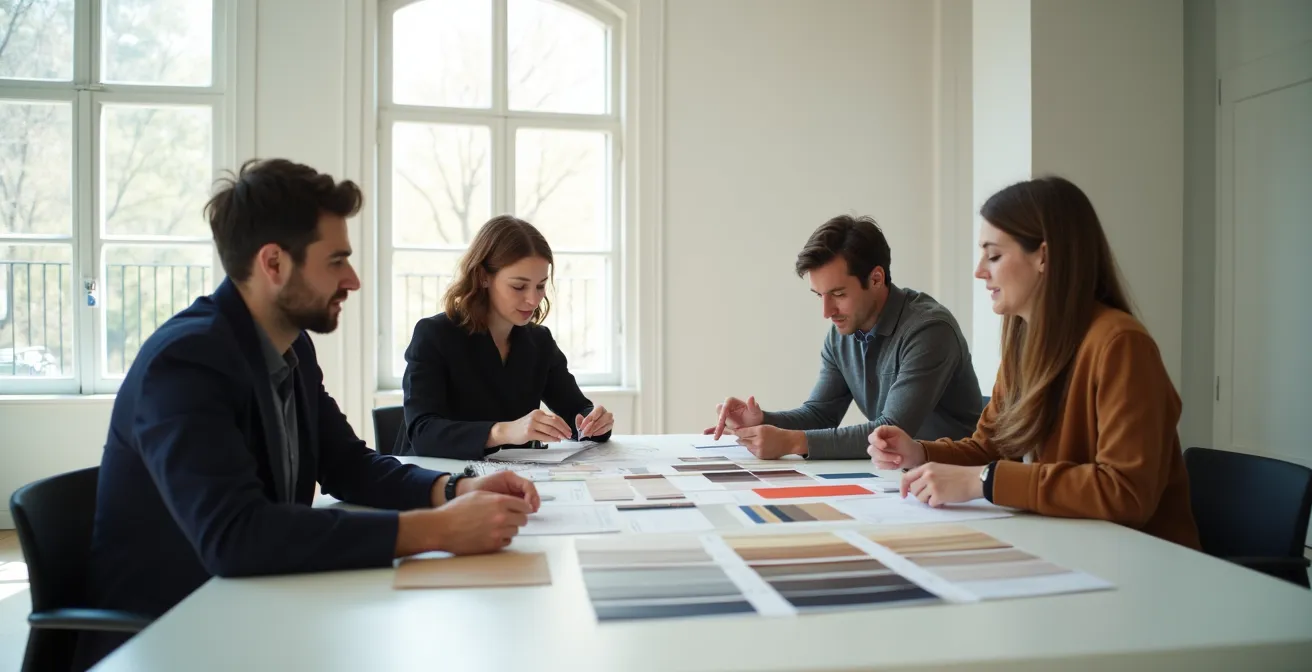 Ambiente di lavoro minimalista con professionisti che consultano linee guida del brand
