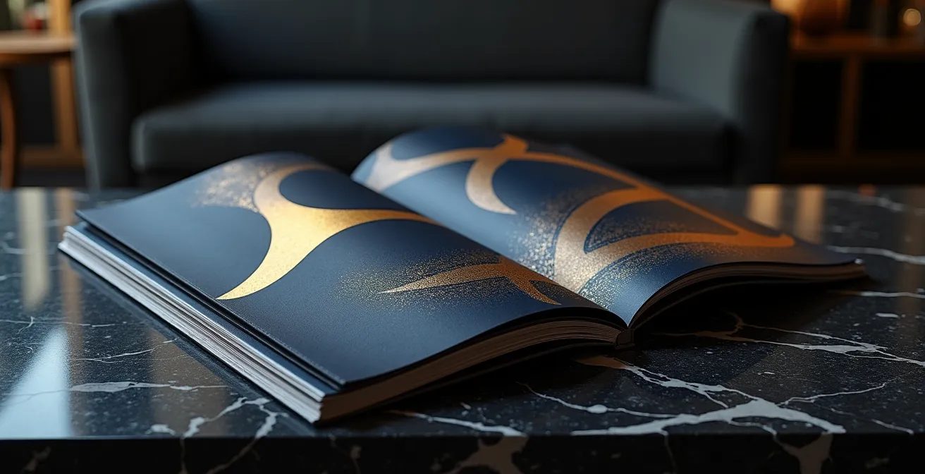 Confronto visivo tra verniciatura UV lucida e laminazione soft-touch su cataloghi premium