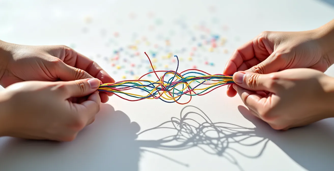 Mani tengono fili colorati intrecciati che rappresentano connessioni dati complesse