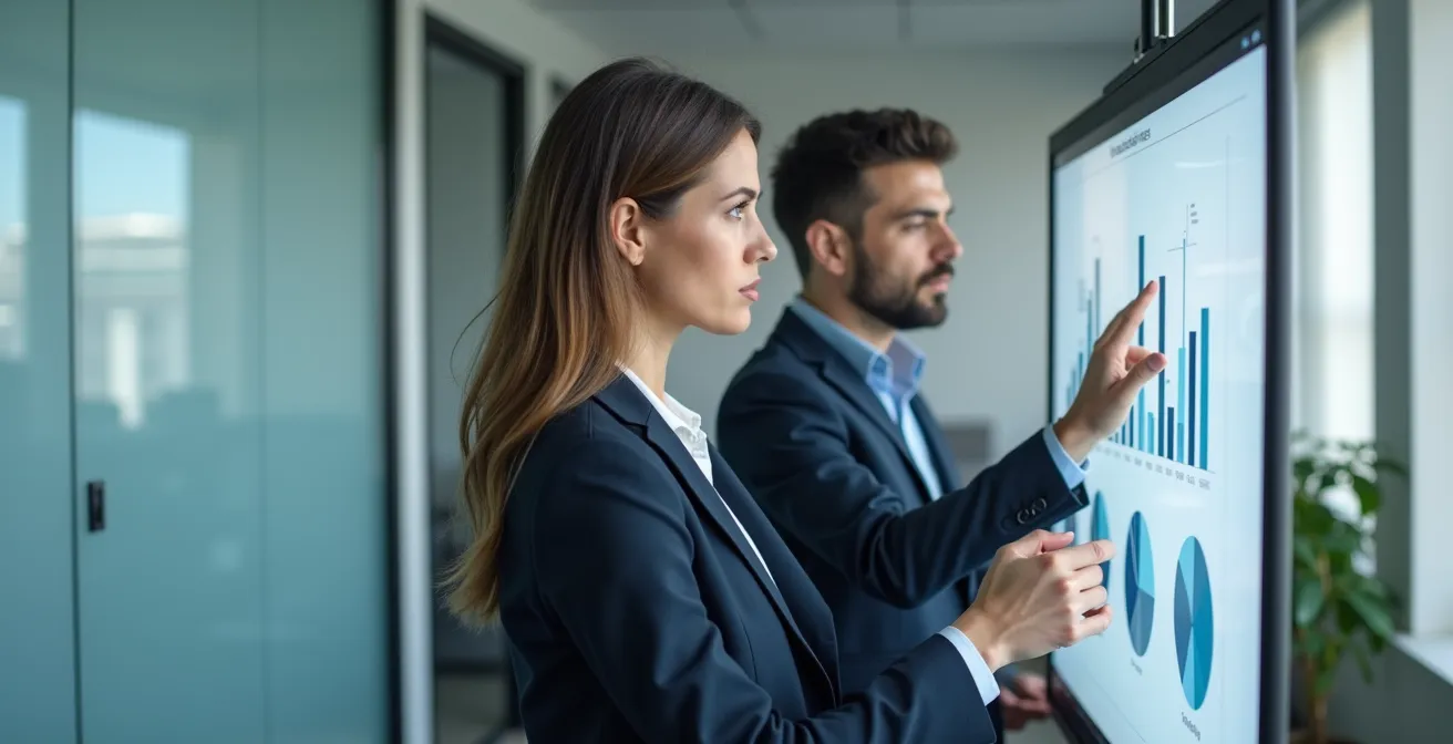 Professionisti che analizzano grafici e report finanziari in ambiente ufficio minimalista