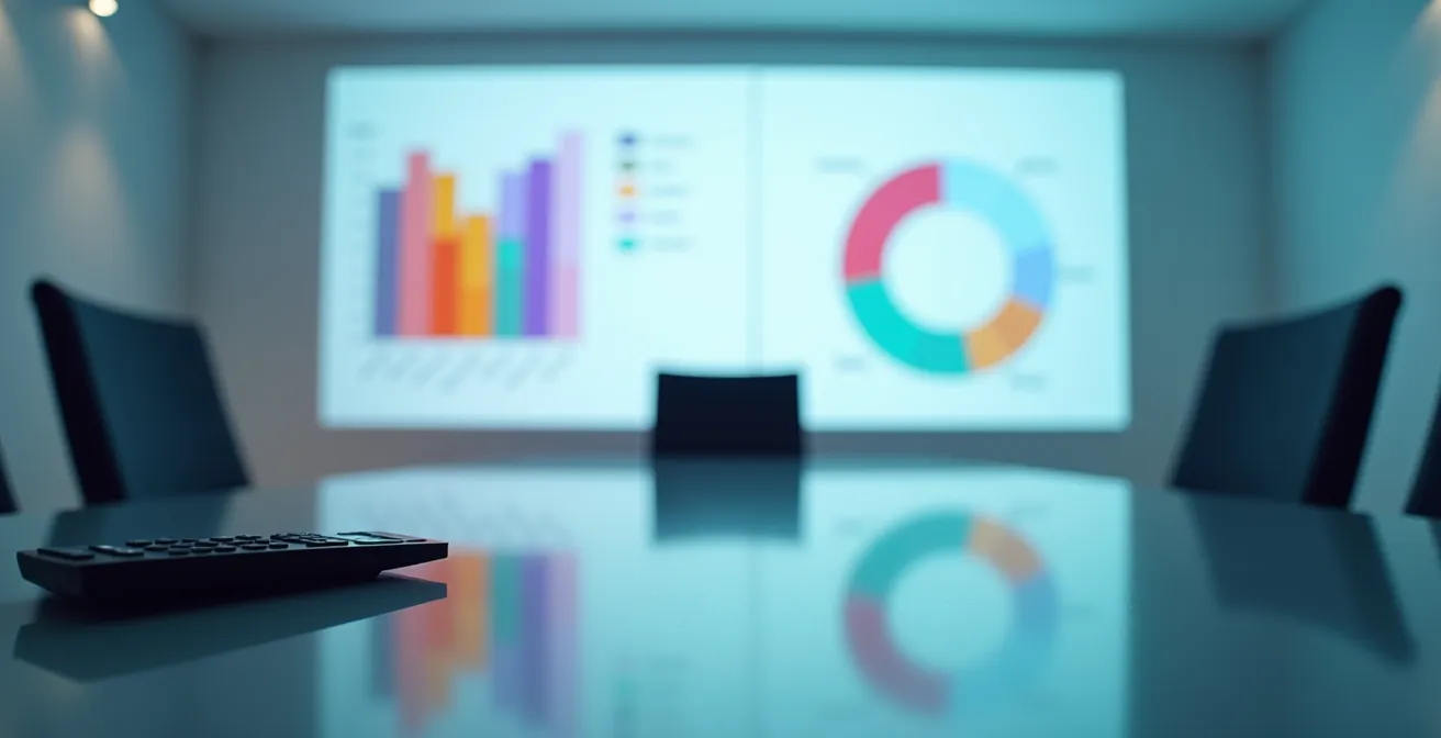 Dashboard interattivo con grafici colorati su schermo invisibile in ambiente professionale