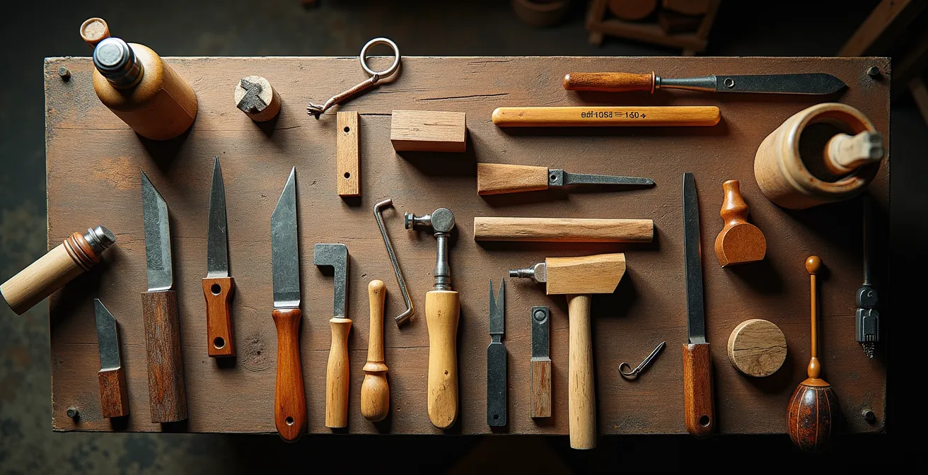 Vista dall'alto di banco da lavoro artigiano con materiali e strumenti disposti artisticamente