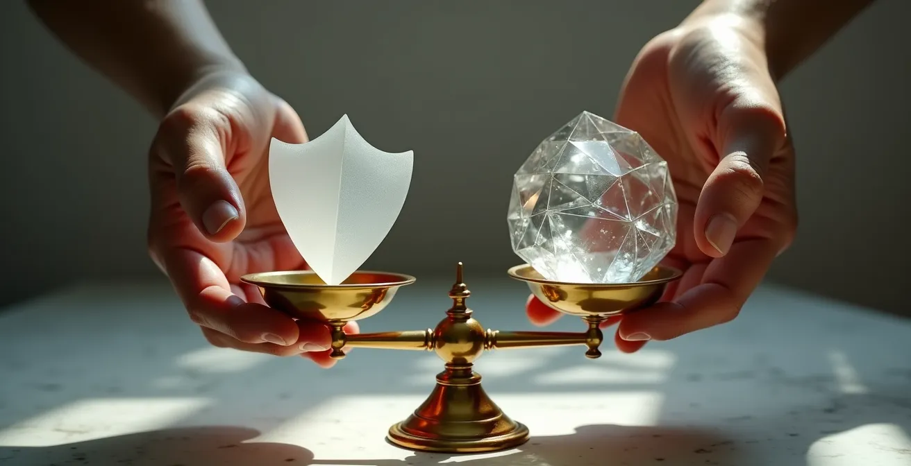 Mani che bilanciano simbolicamente privacy e personalizzazione con elementi astratti