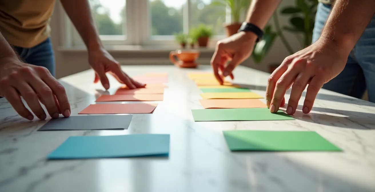 Schermata sfocata di gestione progetti con card colorate e timeline di approvazione