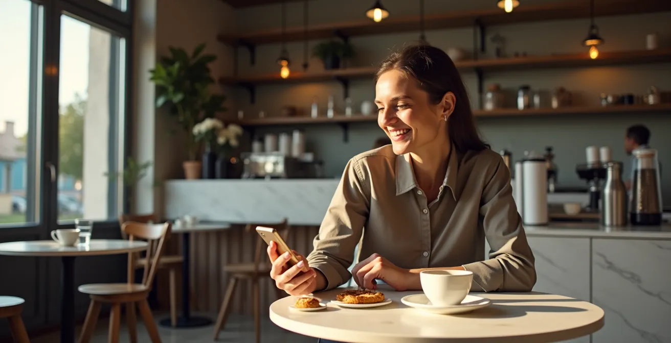 Cliente felice compila sondaggio NPS su smartphone in caffetteria italiana