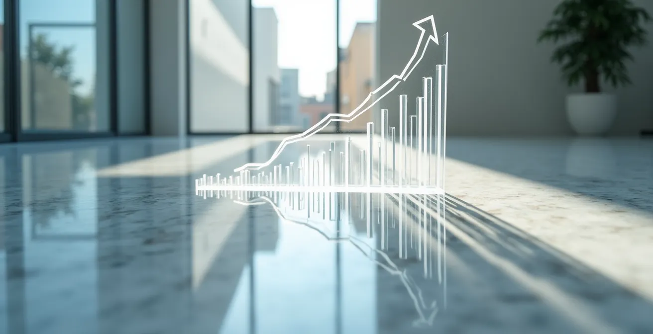 Dashboard aziendale con grafici e metriche di performance visualizzati su superficie riflettente