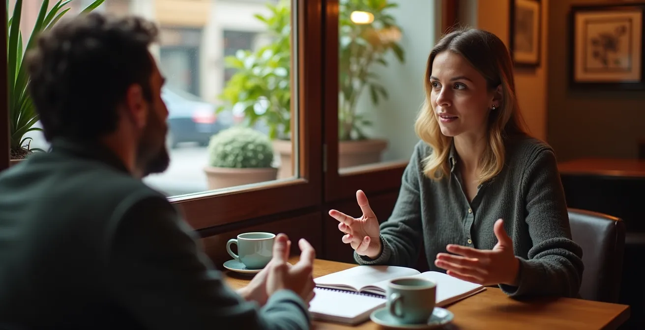 Professionista italiano conduce intervista qualitativa con cliente in ambiente informale per scoprire motivazioni profonde