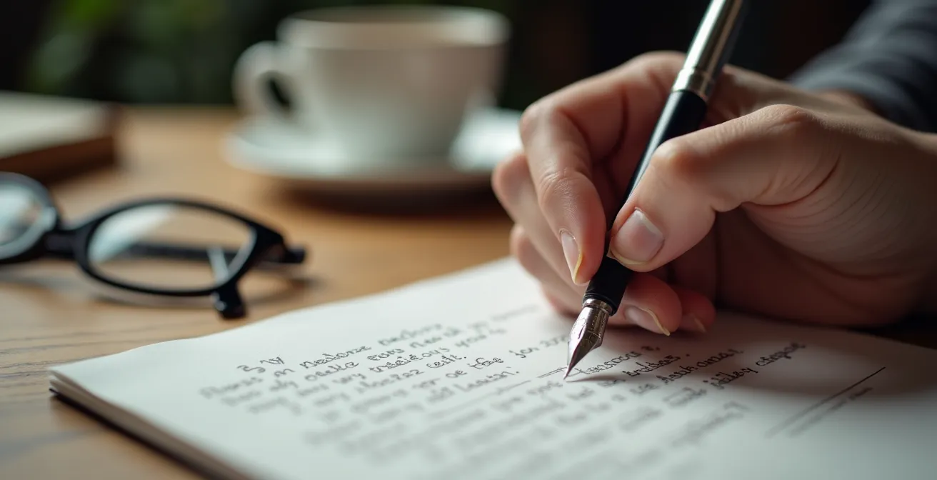 Mani che scrivono una lettera personalizzata con elementi di cura e attenzione