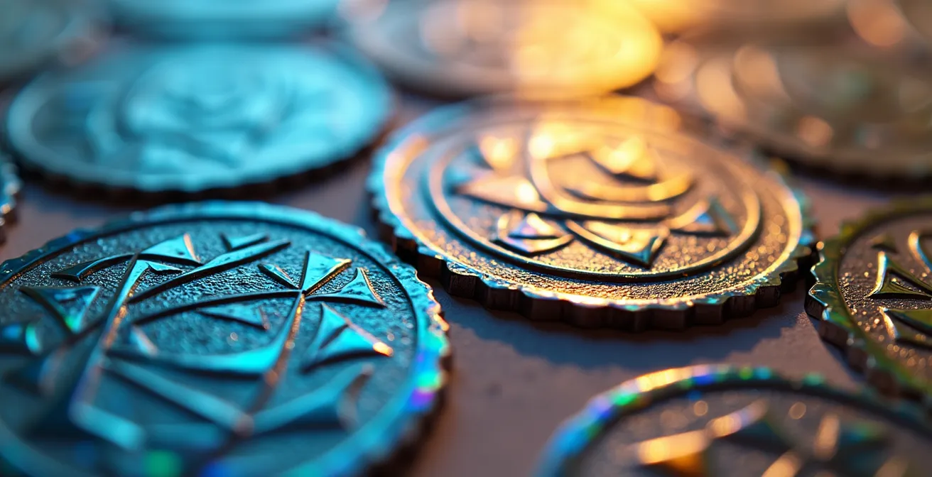 Composizione macro di sigilli e certificati con texture metalliche e olografiche