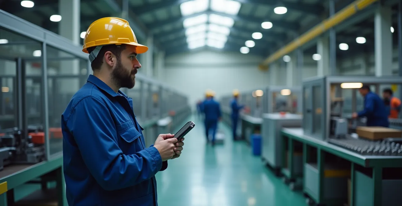 Operaio con tablet segue formazione durante pausa in fabbrica