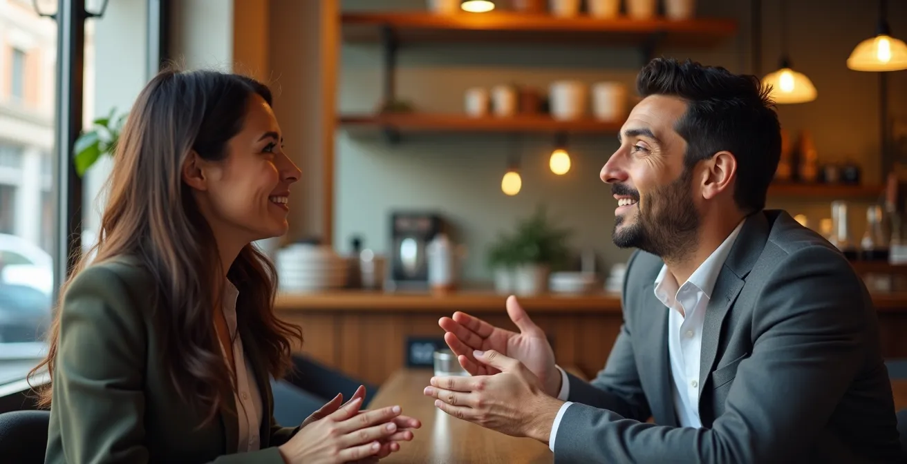 Due persone che dialogano con gesti calmi in uno spazio aperto luminoso