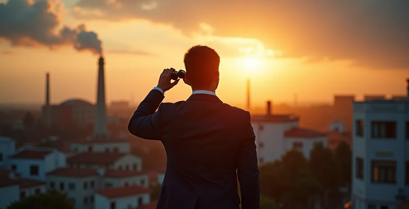 Imprenditore italiano che osserva l'orizzonte da terrazza aziendale al tramonto