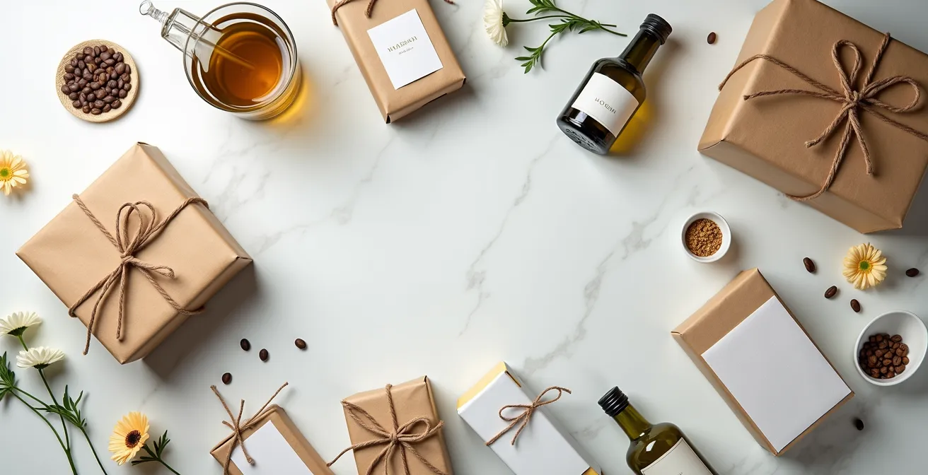 Vista aerea minimalista di elementi regalo personalizzati disposti con cura