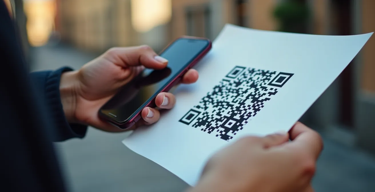 Mano che scansiona QR code su volantino con smartphone in ambiente urbano italiano