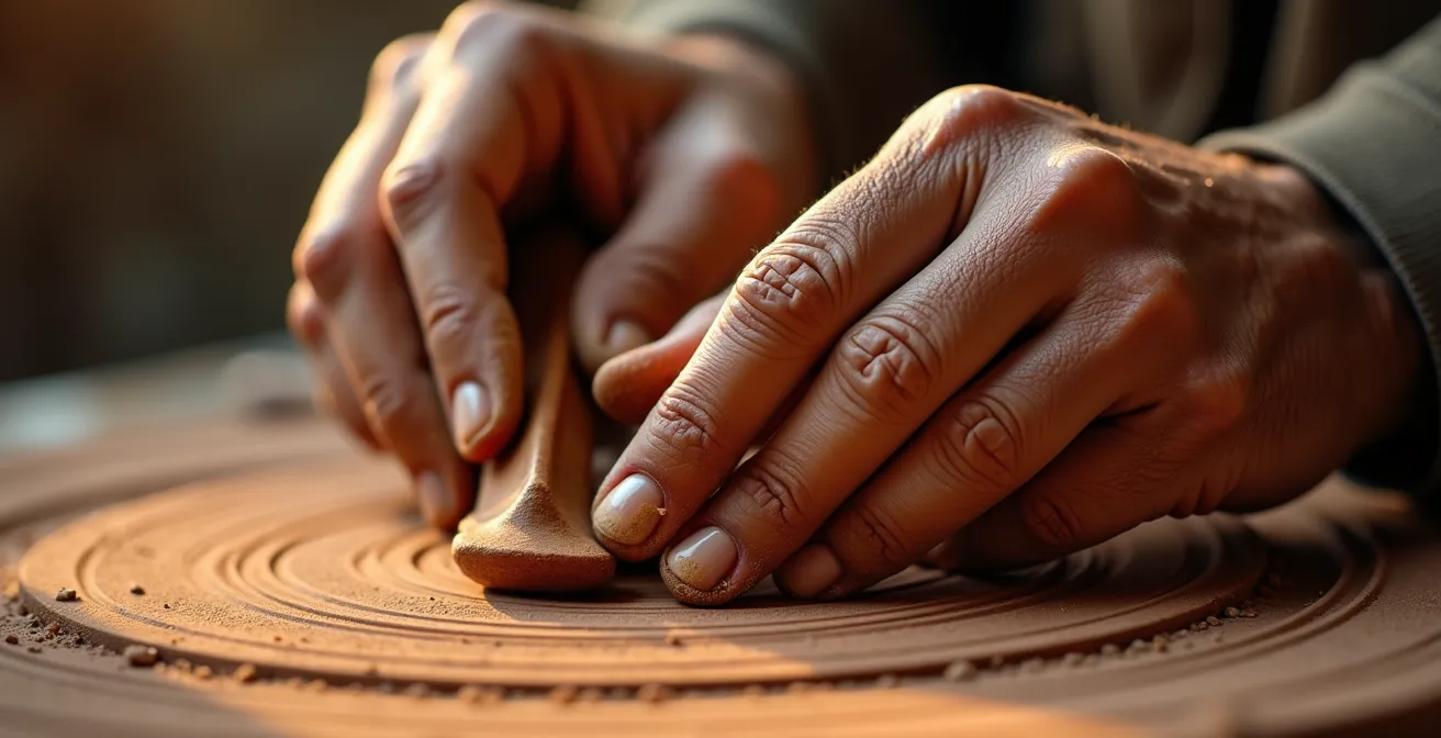Mani di artigiano che lavorano dettaglio di ceramica con strumenti tradizionali