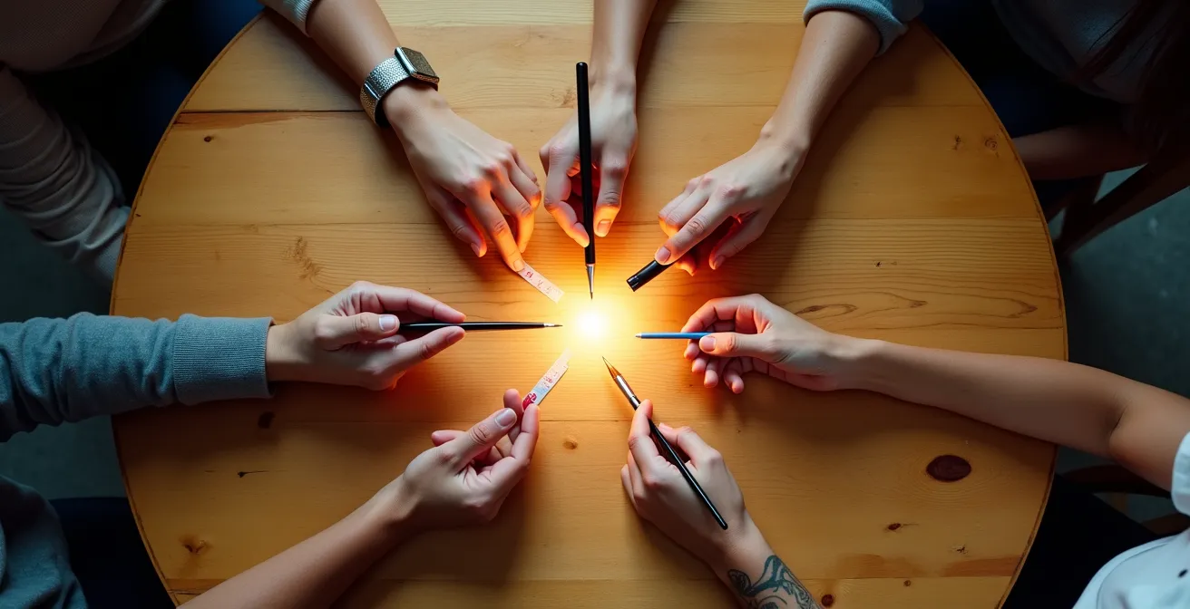 Gruppo di persone che collaborano attorno a un tavolo rotondo in uno spazio creativo