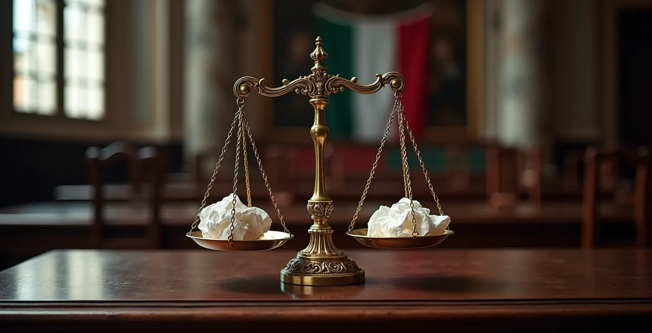 Bilancia della giustizia italiana con documenti legali sfocati in tribunale