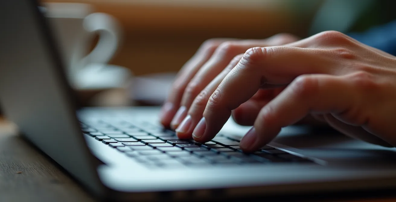 Mani professionali che digitano una risposta ponderata su laptop in ambiente ufficio italiano