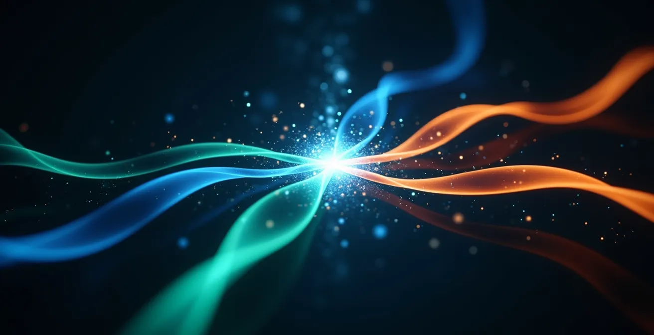 Visualizzazione astratta di flussi di dati che convergono in un punto centrale con elementi grafici colorati