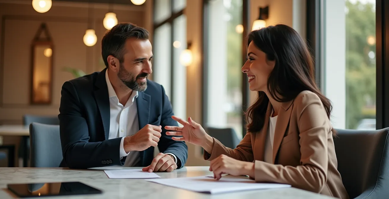 Consulente che presenta opzioni personalizzate a cliente in ambiente professionale italiano