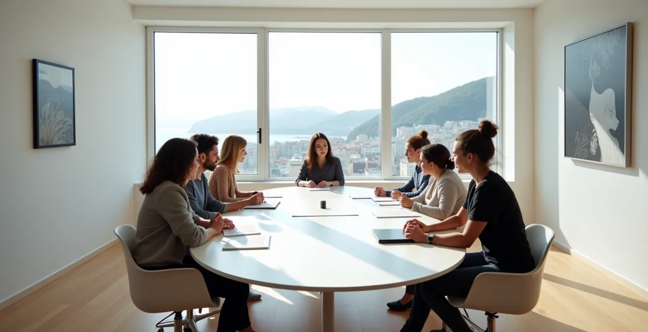 Gruppo di lavoro diversificato che discute documenti in sala riunioni italiana