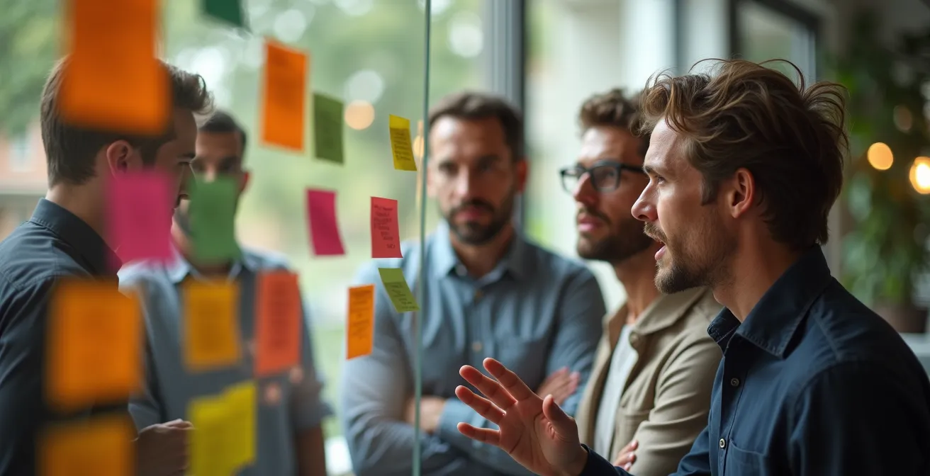 Team marketing durante una sessione di sprint planning con board Kanban colorata