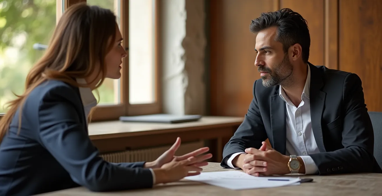 Primo incontro tra imprenditore e consulente in ufficio italiano con analisi documenti aziendali