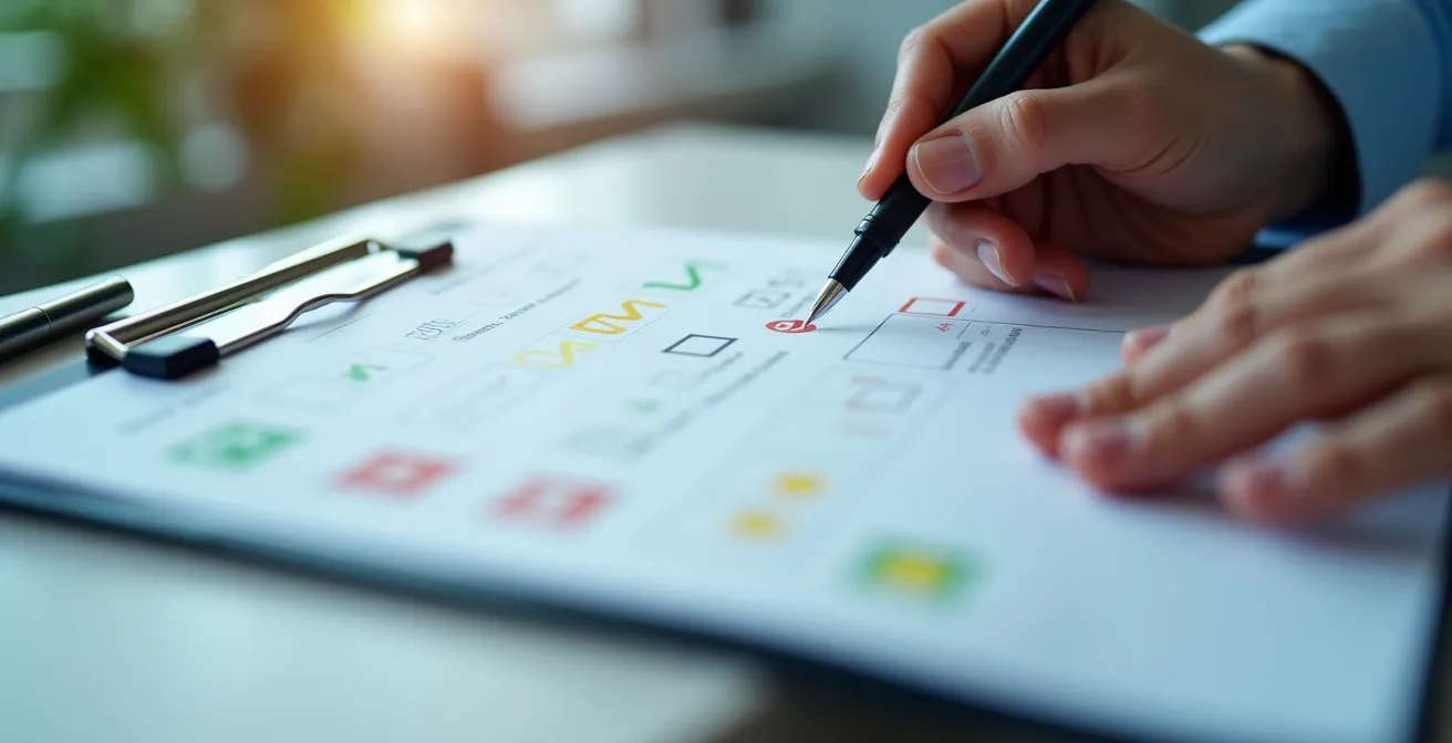 Mani che controllano documenti con segni di spunta colorati in un ambiente di lavoro organizzato